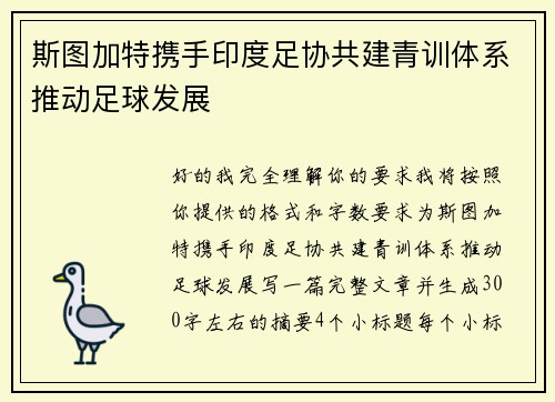 斯图加特携手印度足协共建青训体系推动足球发展